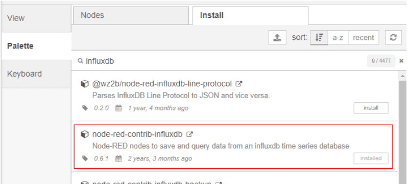 "Screenshot showing the influxdb node in the manage palette"